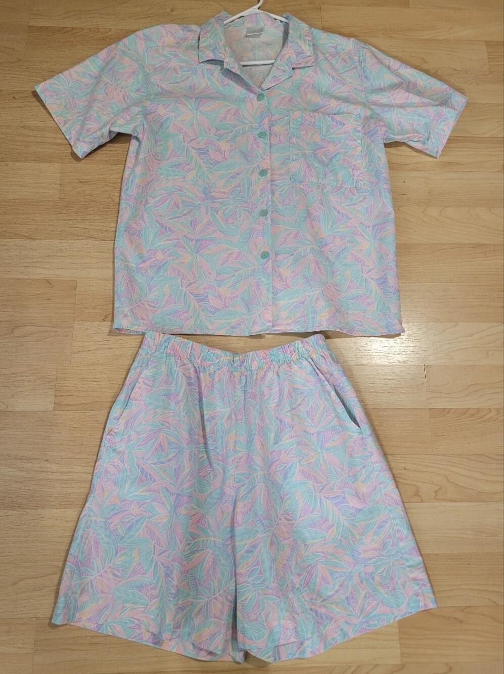 Jantzen Pastel Leaf-Print Button-Down Top and Shorts Set - Pink & Blue
